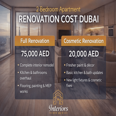 Modern 2-bedroom apartment renovation cost comparison in Dubai showing full renovation priced at 75,000 AED and cosmetic renovation at 20,000 AED, with a stylish renovated interior,
