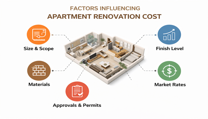 Infographic showing factors influencing apartment renovation cost in Dubai, including size and scope of work, finish level, material selection, market rates, and approvals and permits.