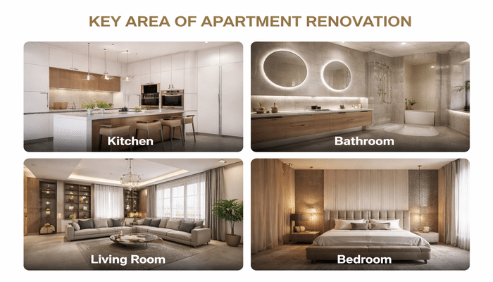 Key areas of apartment renovation in Dubai showing modern kitchen, bathroom, living room, and bedroom interior upgrades designed for comfort, functionality, and value enhancement.