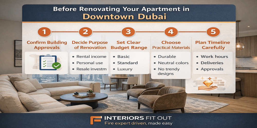 Apartment renovation Downtown Dubai step-by-step guide showing approvals, budget planning, materials, and timeline with Interiors Fit Out logo.