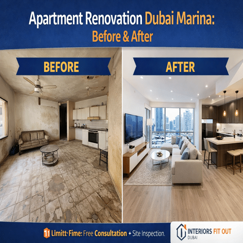 Apartment renovation Dubai Marina value improvement image showing higher rental income, faster resale, lower maintenance costs, and better tenant satisfaction with Interiors Fit Out logo.
