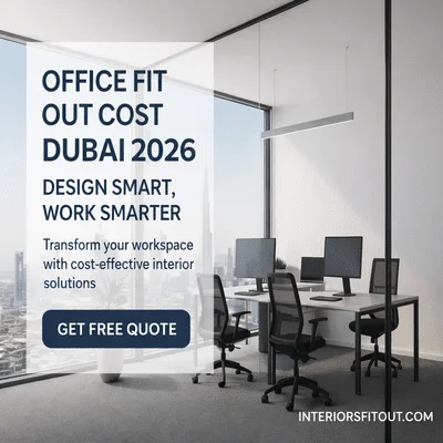 Modern office interior with glass partitions, workstations, ergonomic chairs, and city views, highlighting an office fit out cost guide for Dubai 2026 by Interiors Fit Out.
